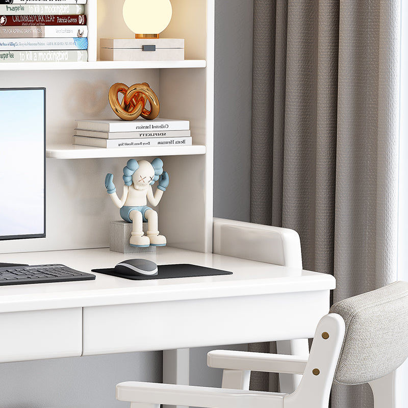 White Solid Wood Writing Desk with Shelf and Drawers - Rubberwood Home Office Desk