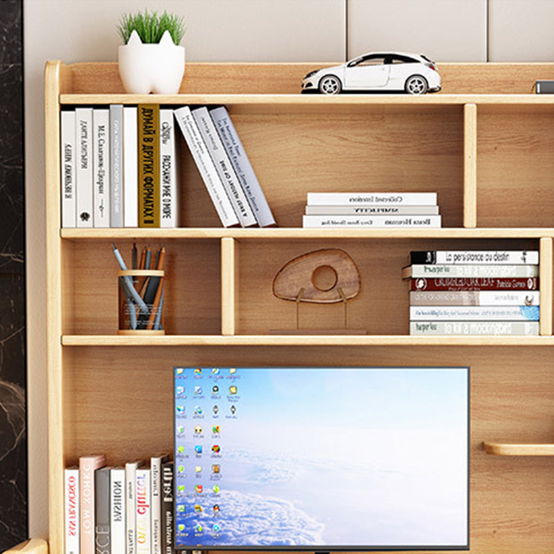 Natural  Solid Wood Writing Desk with Shelf and Drawers - Rubberwood Home Office Desk