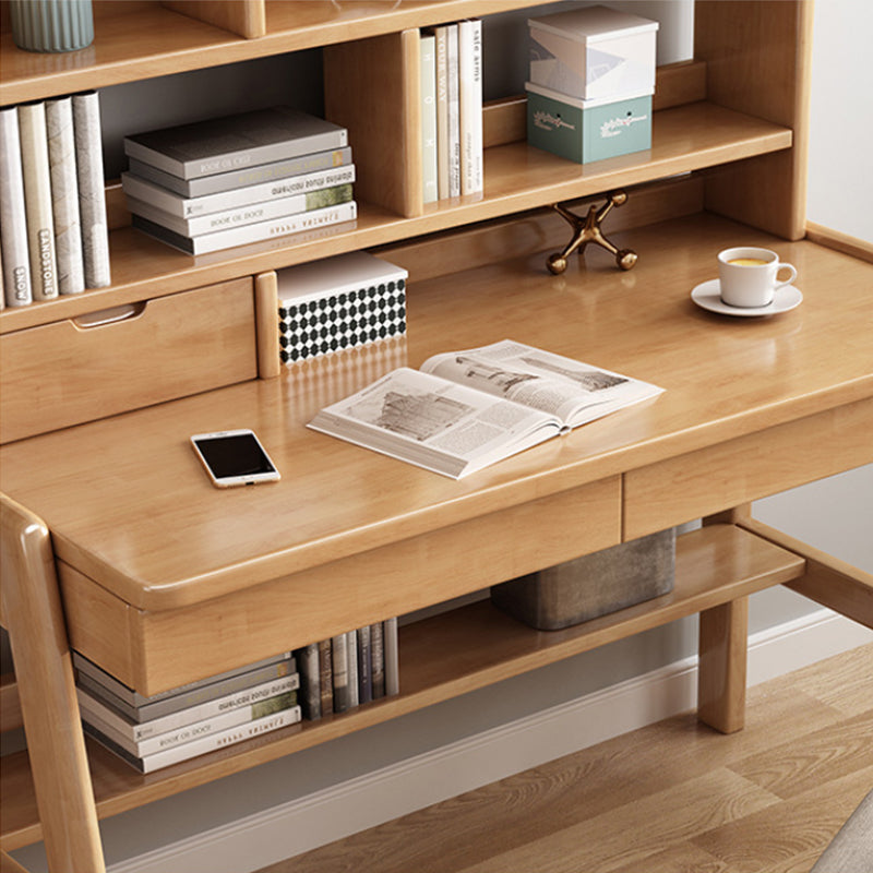 Natural Solid Wood Writing Desk with Bookcase and Drawers