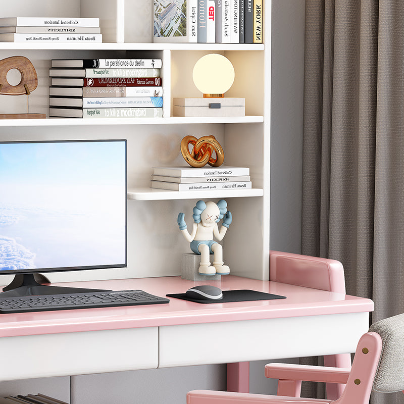 Pink  Solid Wood Writing Desk with Shelf and Drawers - Rubberwood Home Office Desk