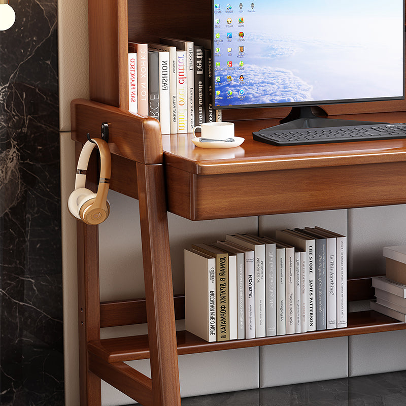Walnut  Solid Wood Writing Desk with Shelf and Drawers - Rubberwood Home Office Desk