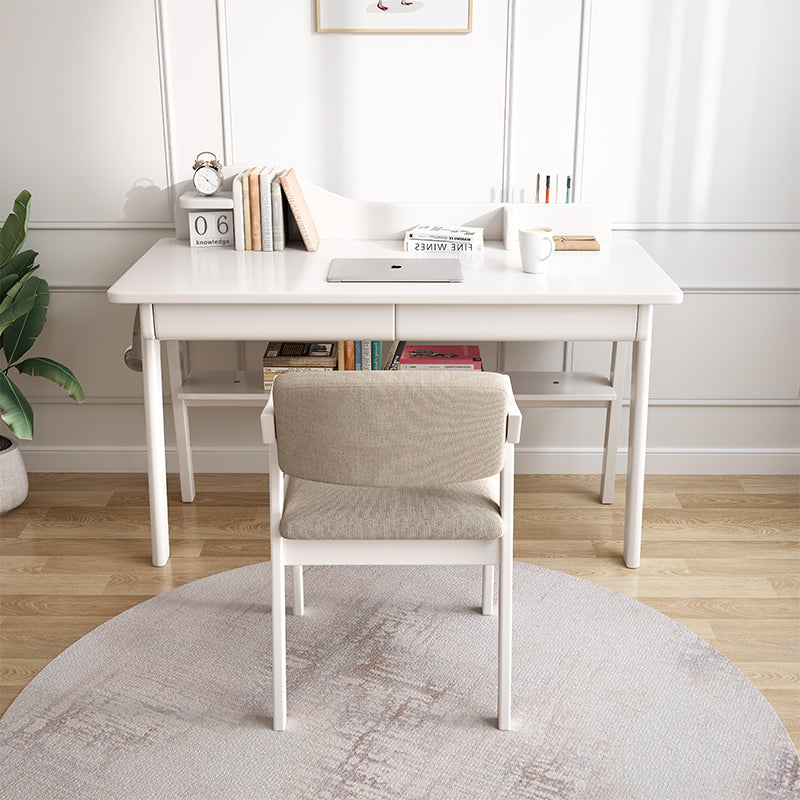 Solid Wood Writing Desk with Mini Shelf and Drawers - White