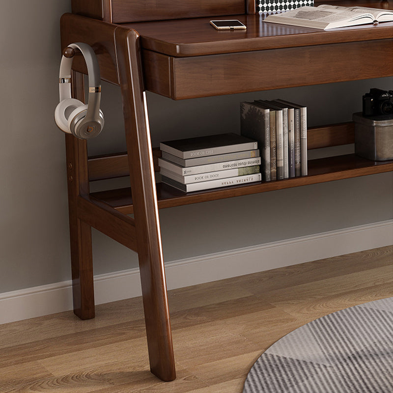 Walnut Adjustable Solid Wood Writing Desk with Shelf and Drawers – Natural Rubberwood Home Office Desk