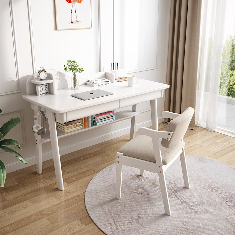 Solid Wood Writing Desk with Mini Shelf and Drawers - White
