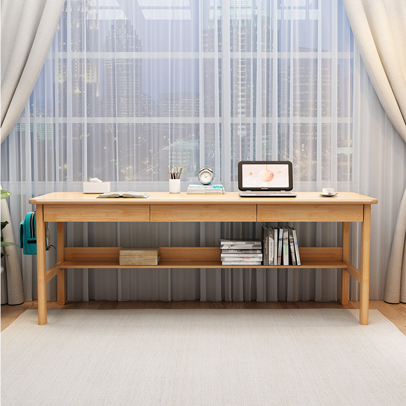 Natural Solid Wood Writing Desk with Storage Drawers – Long Rubberwood Home Office Desk