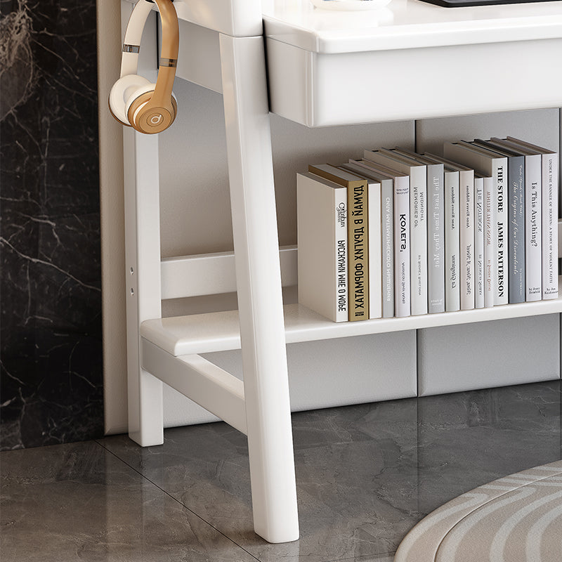 White Solid Wood Writing Desk with Shelf and Drawers - Rubberwood Home Office Desk