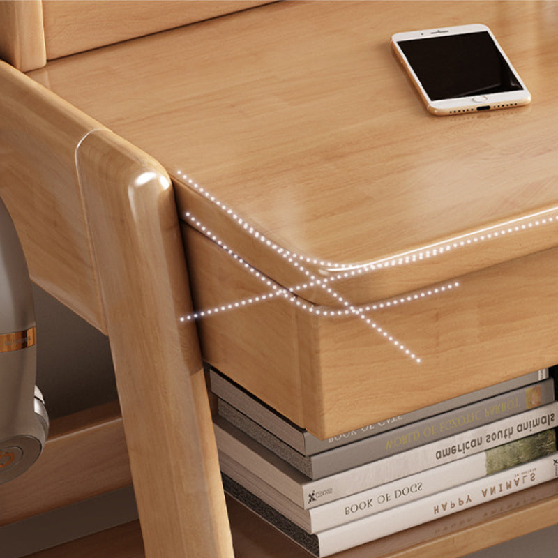 Natural Solid Wood Writing Desk with Bookcase and Drawers