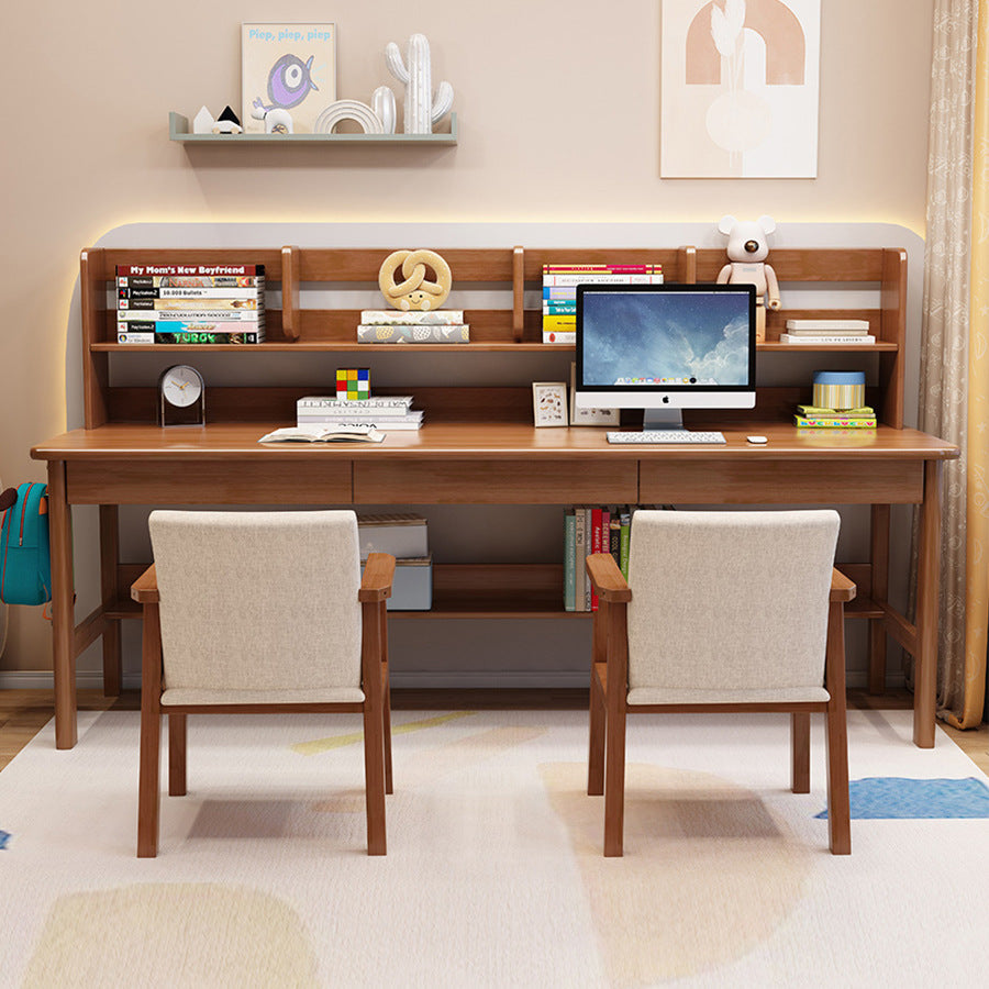 Solid Wood Writing Desk with Book Shelves and Drawers - Walnut