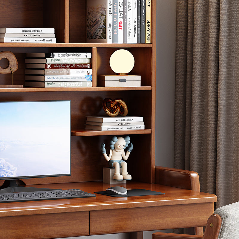 Walnut  Solid Wood Writing Desk with Shelf and Drawers - Rubberwood Home Office Desk