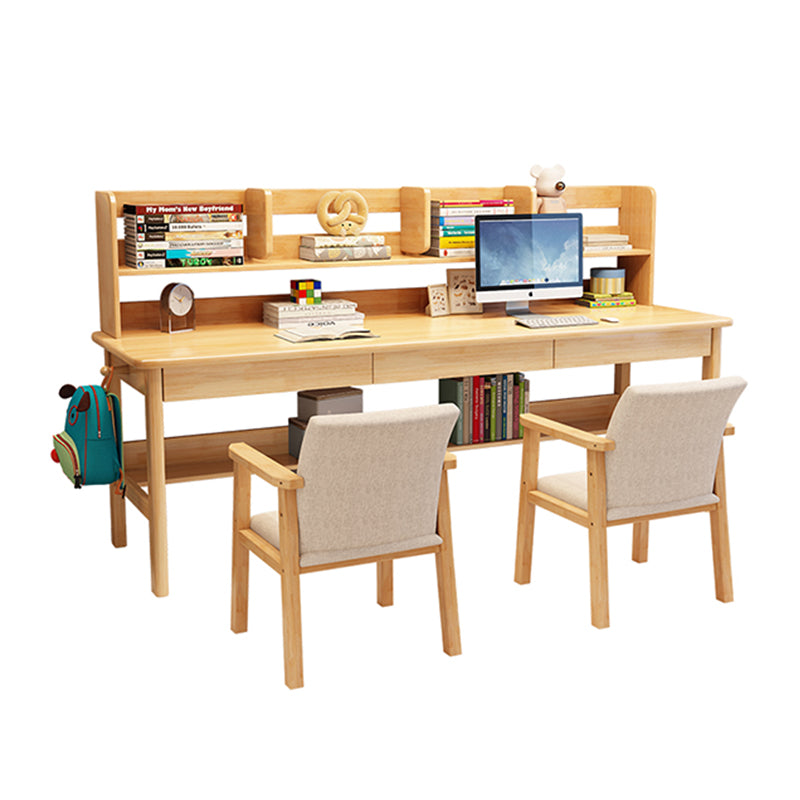Solid Wood Writing Desk with Book Shelves and Drawers - Natural