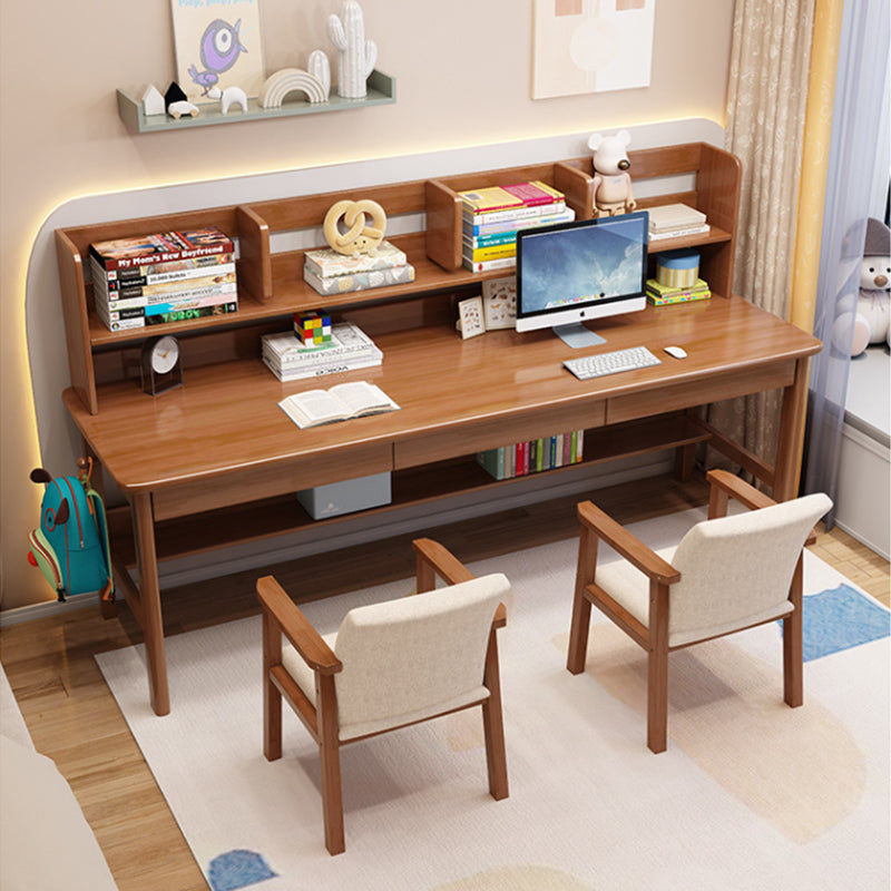Solid Wood Writing Desk with Book Shelves and Drawers - Walnut