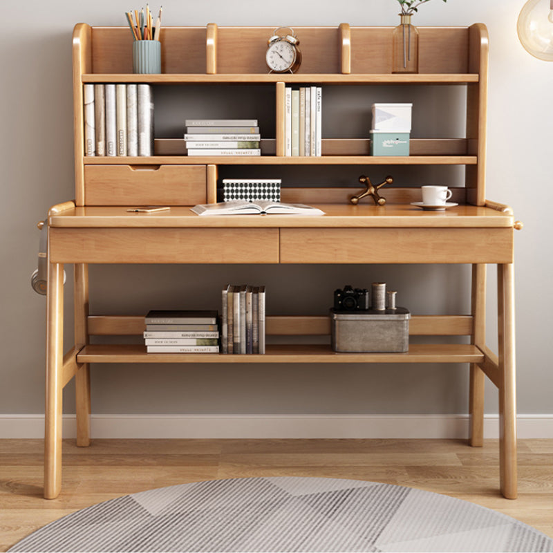 Natural Solid Wood Writing Desk with Bookcase and Drawers