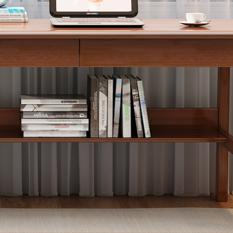 Walnut Solid Wood Writing Desk with Storage Drawers – Long Rubberwood Home Office Desk