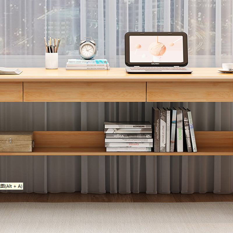 Natural Solid Wood Writing Desk with Storage Drawers – Long Rubberwood Home Office Desk