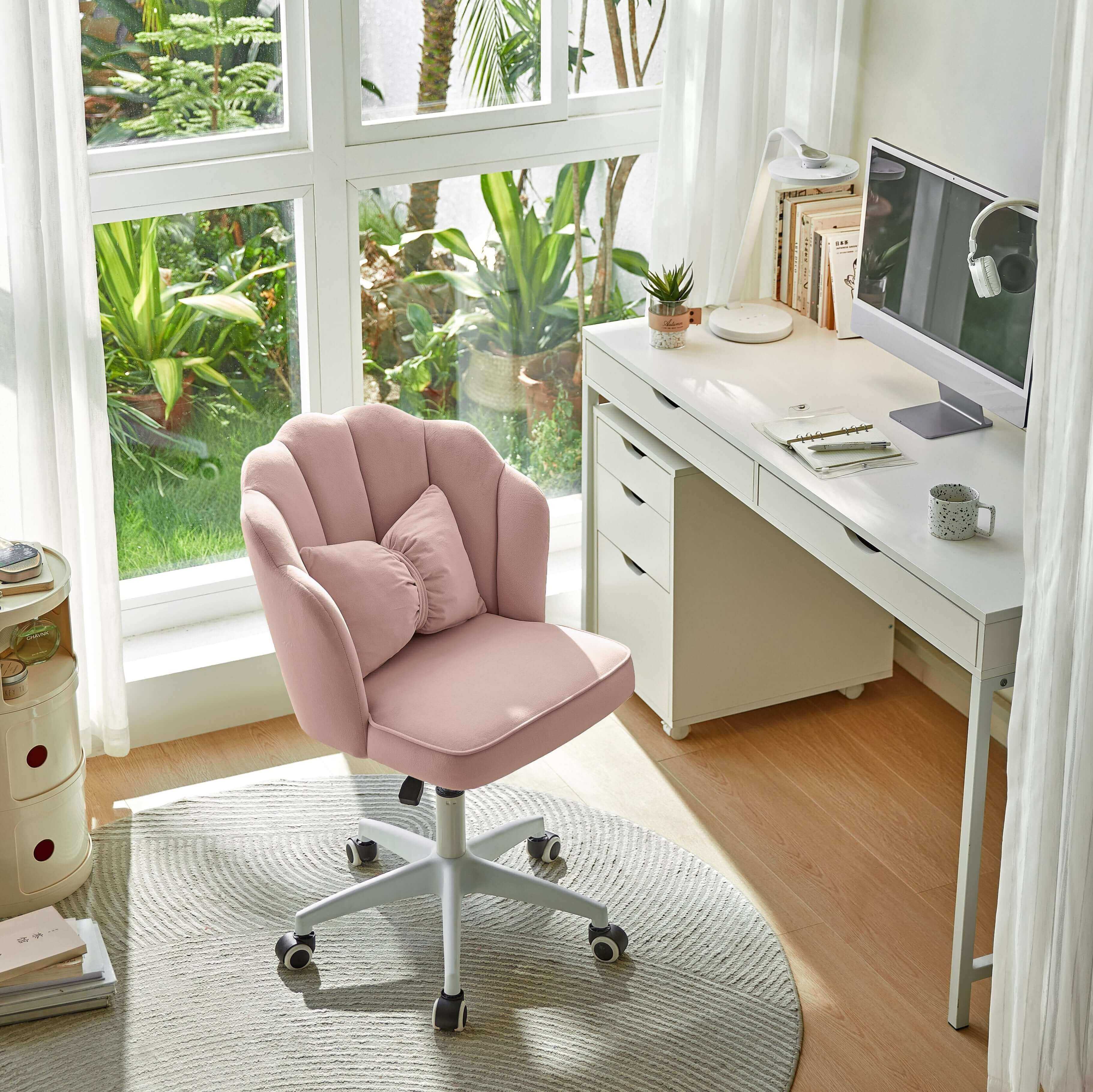 Pink Velvet Adjustable Height Swivel Office Chair with Wheels