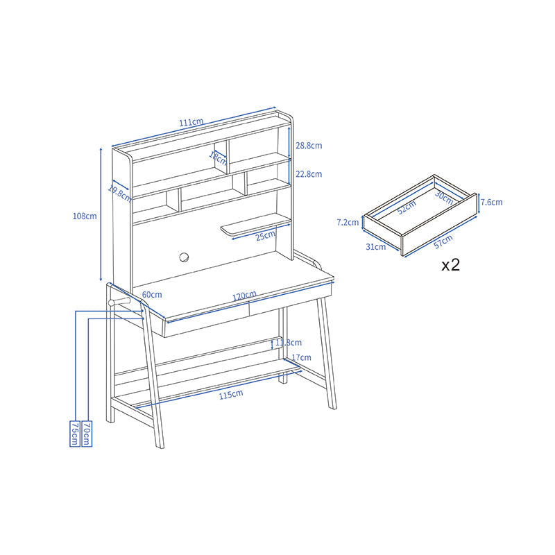 Blue Solid Wood Writing Desk with Shelf and Drawers - Rubberwood Home Office Desk