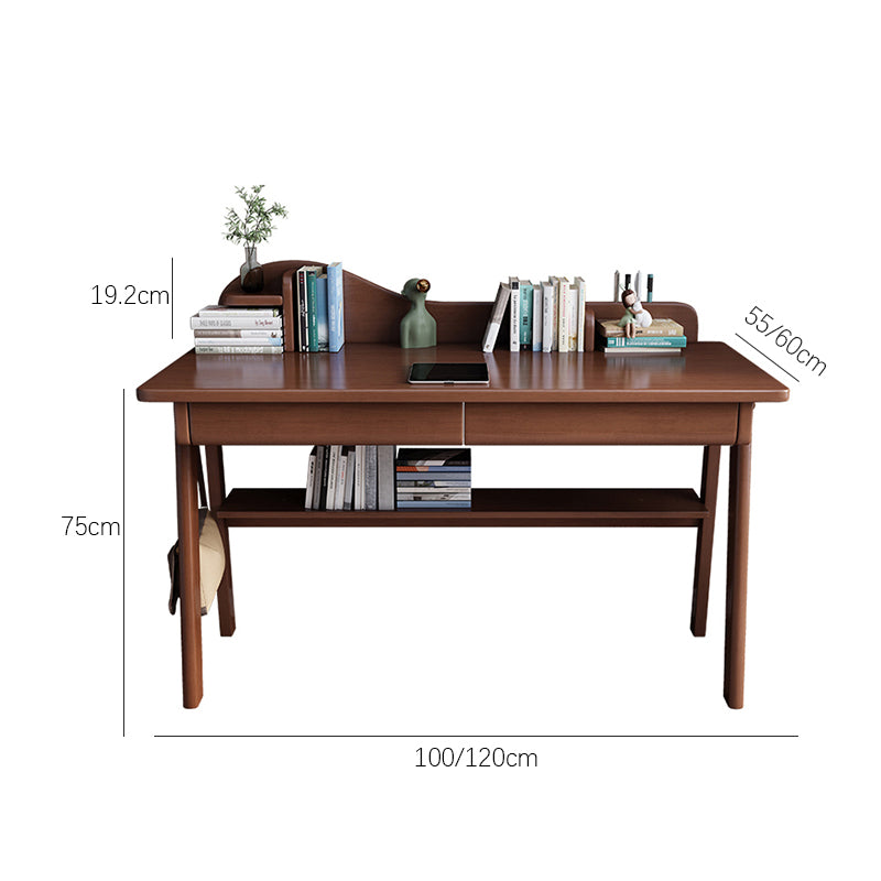 Solid Wood Writing Desk with Mini Shelf and Drawers - Walnut