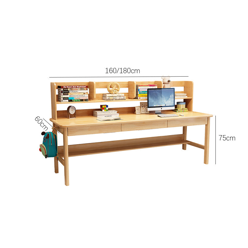 Solid Wood Writing Desk with Book Shelves and Drawers - Natural