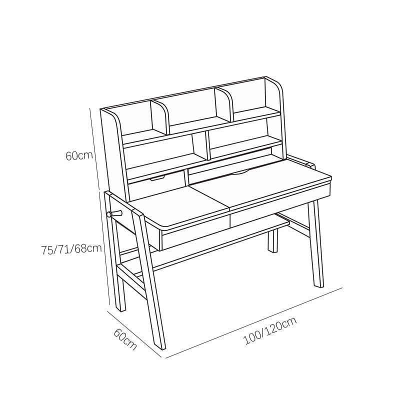 Walnut Adjustable Solid Wood Writing Desk with Shelf and Drawers – Natural Rubberwood Home Office Desk
