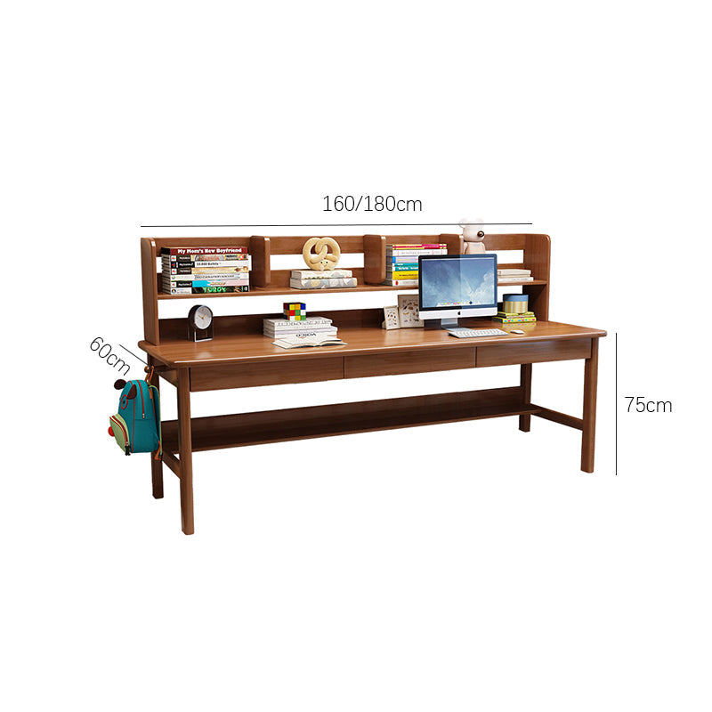 Solid Wood Writing Desk with Book Shelves and Drawers - Walnut