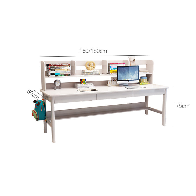 Solid Wood Writing Desk with Book Shelves and Drawers - White