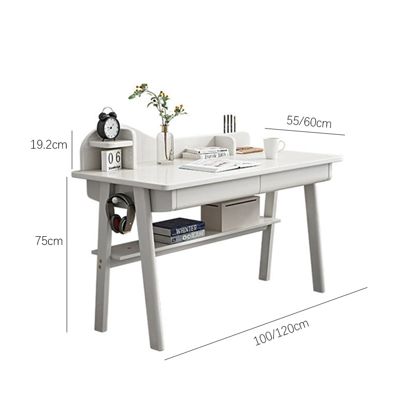 Solid Wood Writing Desk with Mini Shelf and Drawers - White