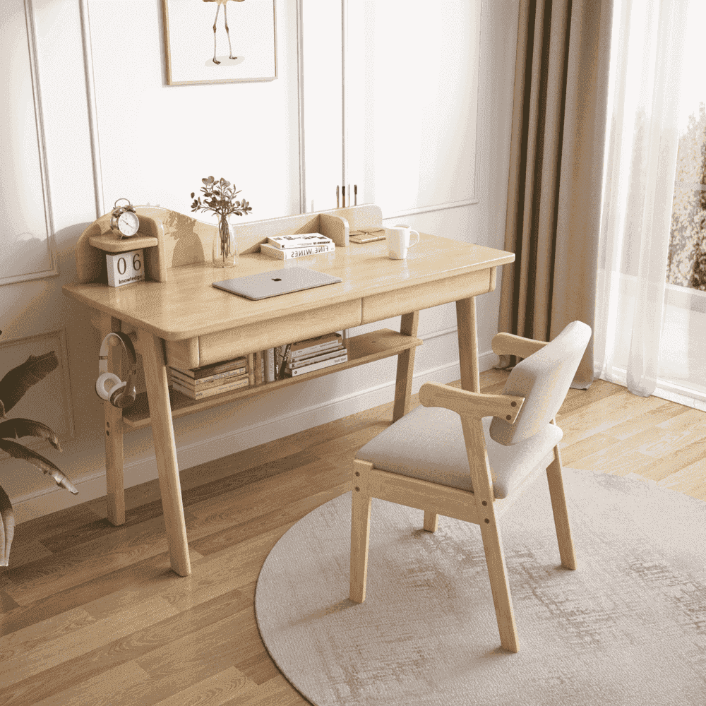 Solid Wood Writing Desk with Mini Shelf and Drawers - Natural