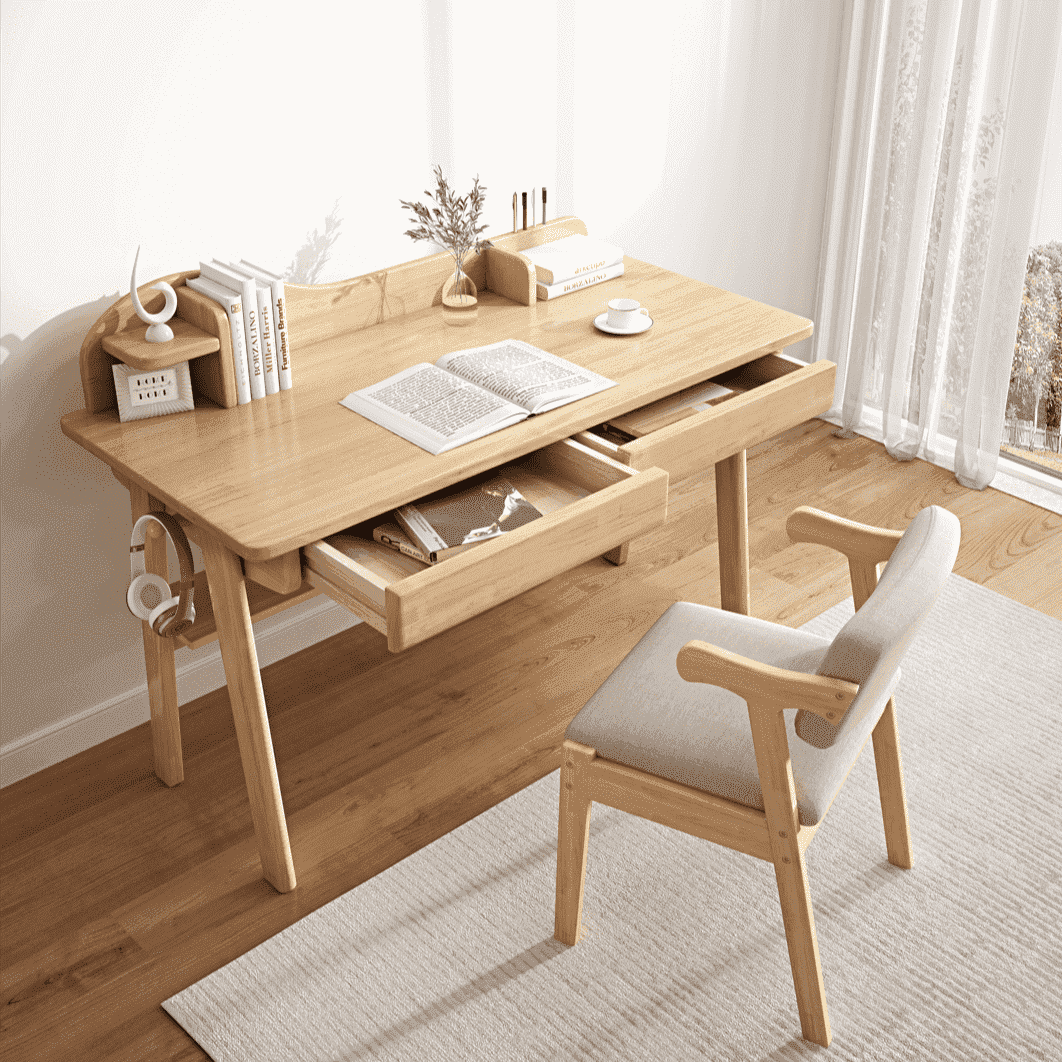 Solid Wood Writing Desk with Mini Shelf and Drawers - Natural