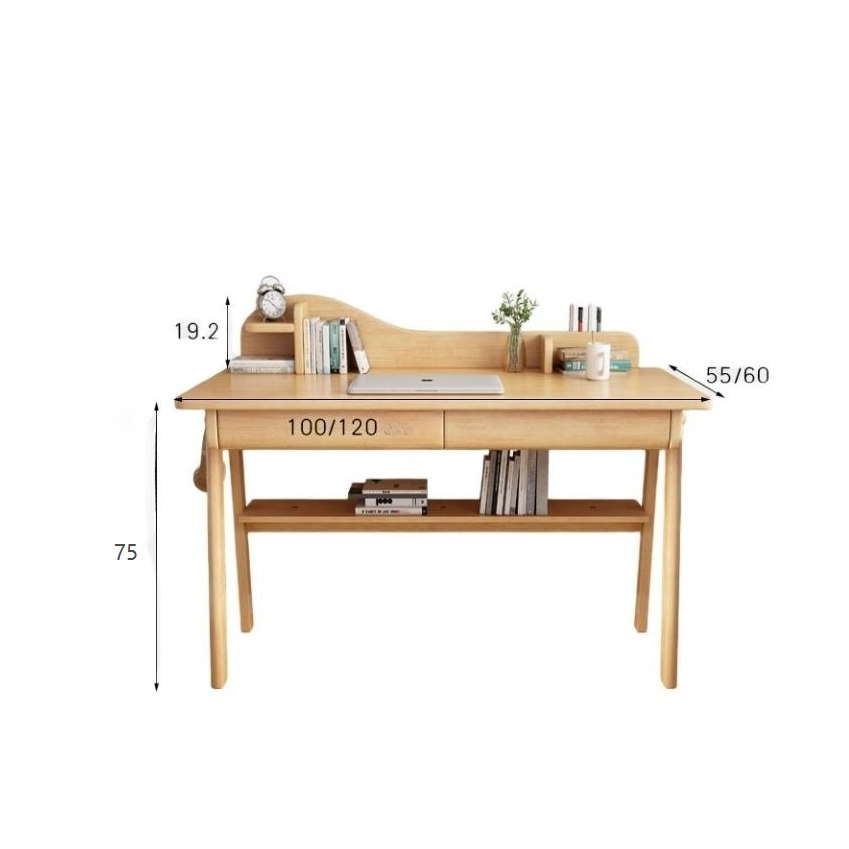 Solid Wood Writing Desk with Mini Shelf and Drawers - Natural
