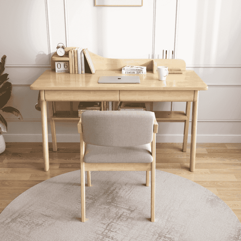 Solid Wood Writing Desk with Mini Shelf and Drawers - Natural