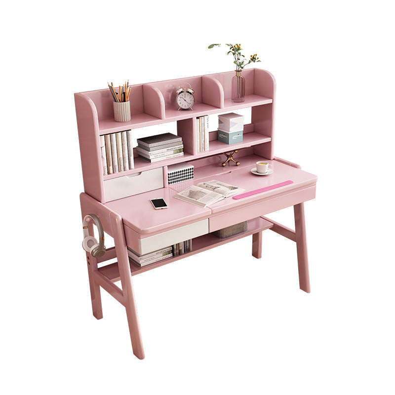 Pink Adjustable Solid Wood Writing Desk with Shelf and Drawers – Natural Rubberwood Home Office Desk