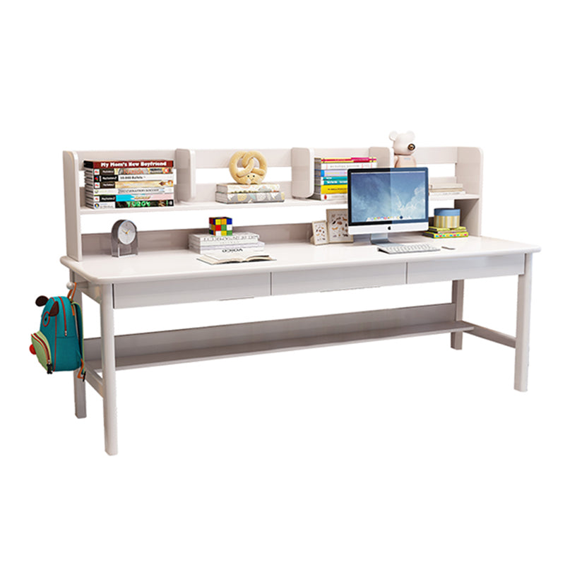 Solid Wood Writing Desk with Book Shelves and Drawers - White