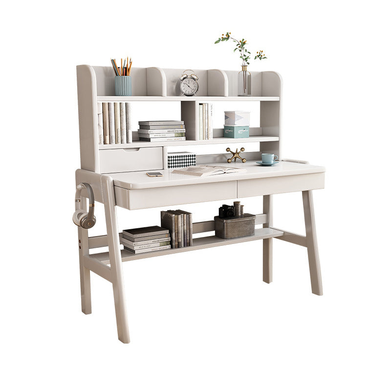 White Solid Wood Writing Desk with Bookcase and Drawers