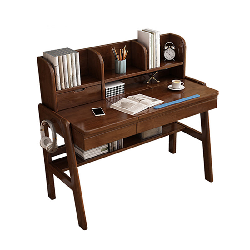 Walnut Adjustable Solid Wood Writing Desk with Shelf and Drawers – Natural Rubberwood Home Office Desk