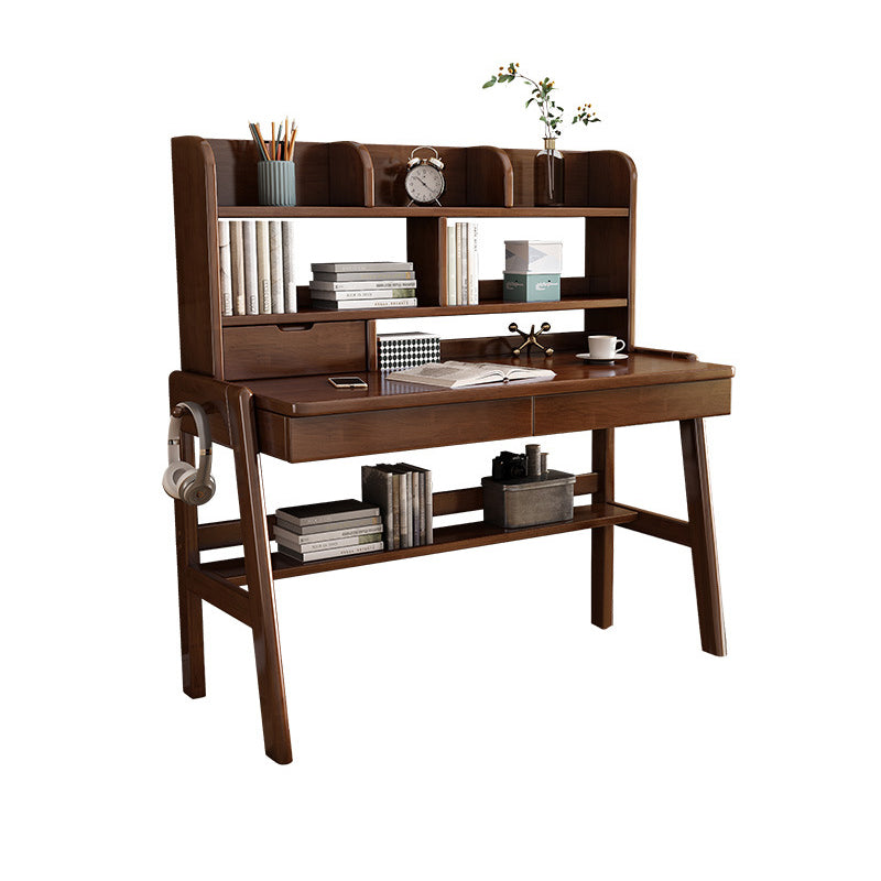 Walnut Solid Wood Writing Desk with Bookcase and Drawers