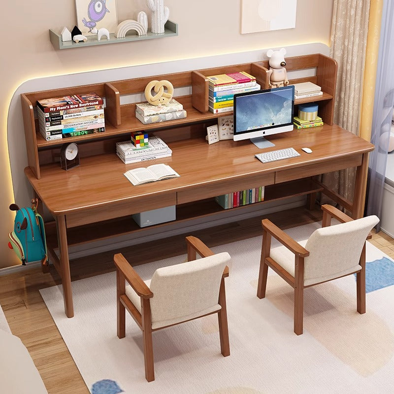 Solid Wood Writing Desk with Book Shelves and Drawers - Walnut