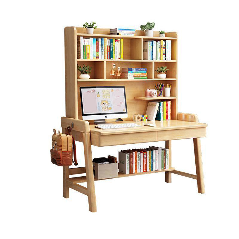 Natural  Solid Wood Writing Desk with Shelf and Drawers - Rubberwood Home Office Desk