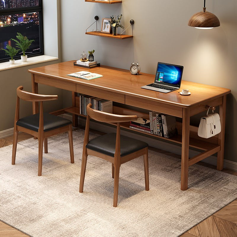 Walnut Solid Wood Writing Desk with Storage Drawers – Long Rubberwood Home Office Desk