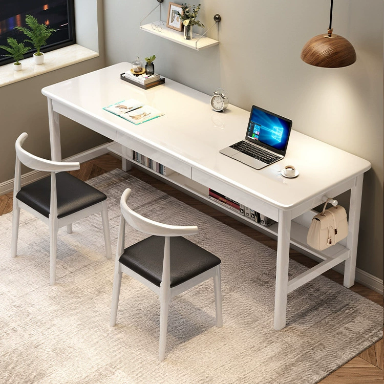 White Solid Wood Writing Desk with Storage Drawers – Long Rubberwood Home Office Desk
