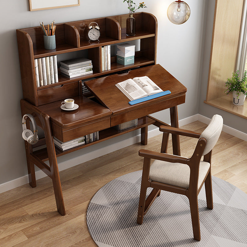 Walnut Adjustable Solid Wood Writing Desk with Shelf and Drawers – Natural Rubberwood Home Office Desk