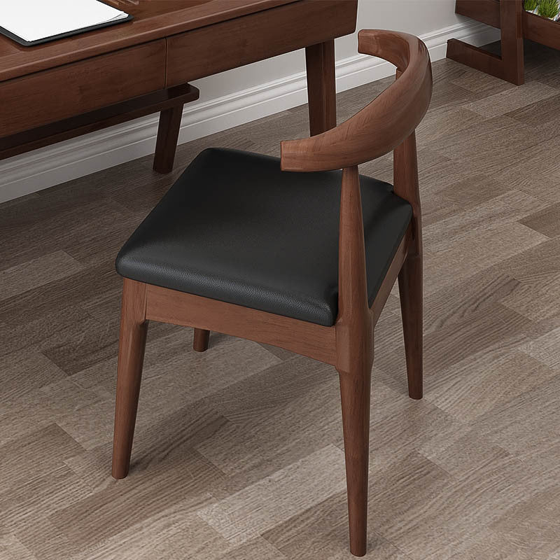 Walnut-Finish Solid Wood Dining Chair with Black PU Cushion