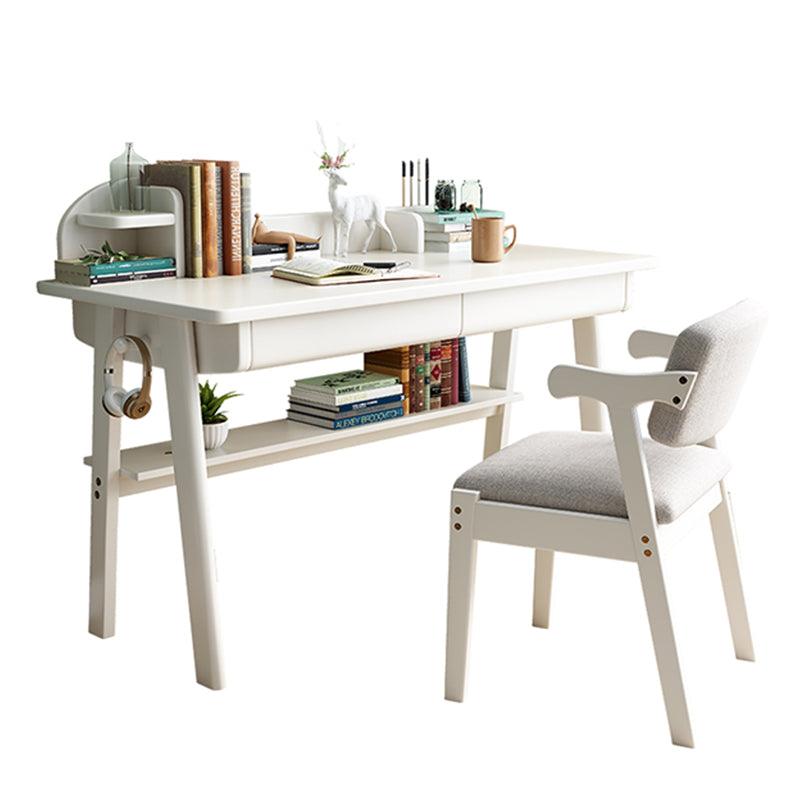 Solid Wood Writing Desk with Mini Shelf and Drawers - White
