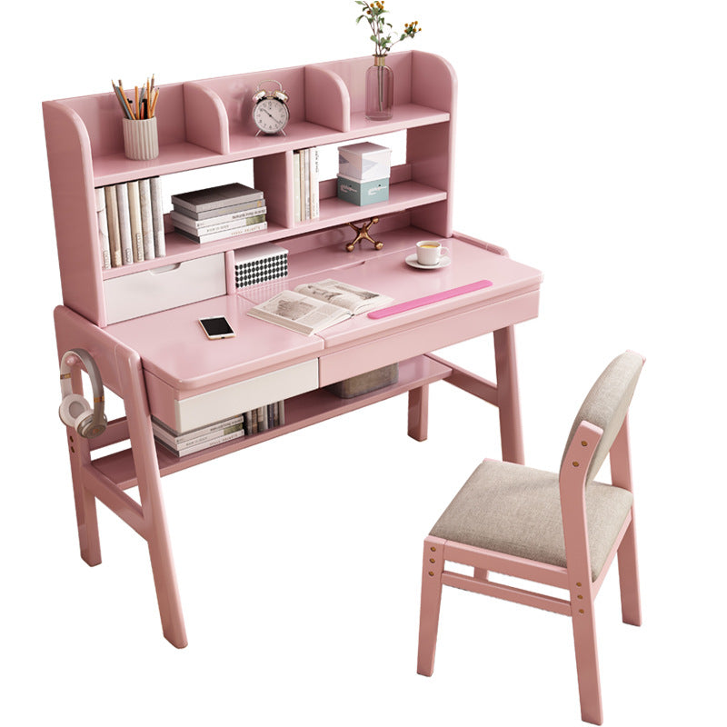 Pink Adjustable Solid Wood Writing Desk with Shelf and Drawers – Natural Rubberwood Home Office Desk