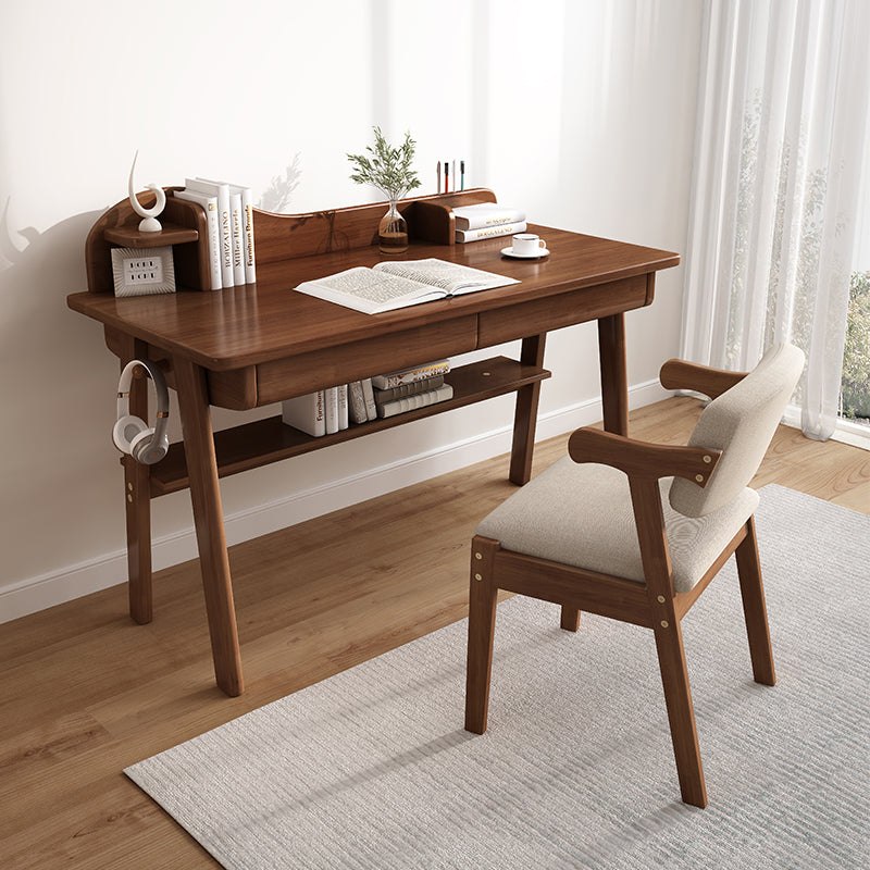 Solid Wood Writing Desk with Mini Shelf and Drawers - Walnut