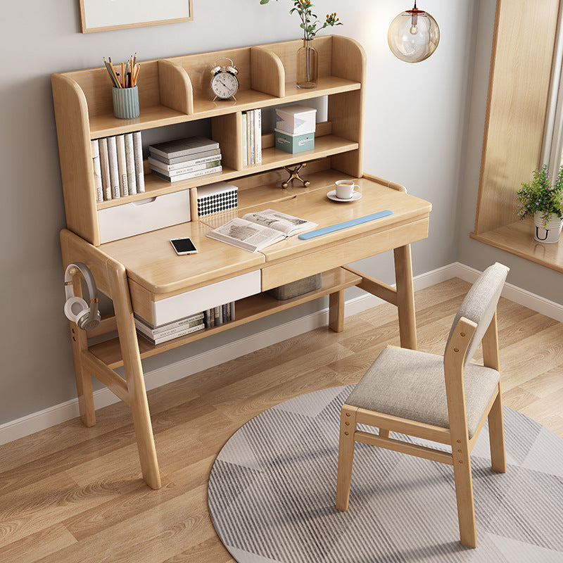 Adjustable Solid Wood Writing Desk with Shelf and Drawers – Natural Rubberwood Home Office Desk