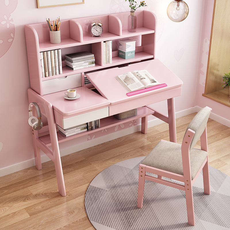 Pink Adjustable Solid Wood Writing Desk with Shelf and Drawers – Natural Rubberwood Home Office Desk