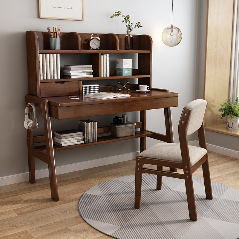 Walnut Solid Wood Writing Desk with Bookcase and Drawers