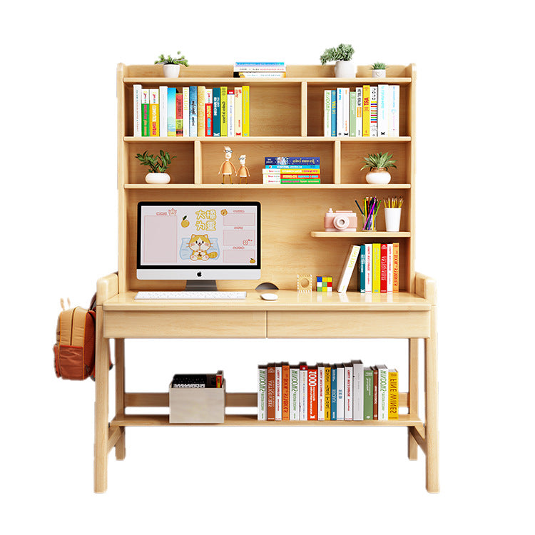 Natural  Solid Wood Writing Desk with Shelf and Drawers - Rubberwood Home Office Desk