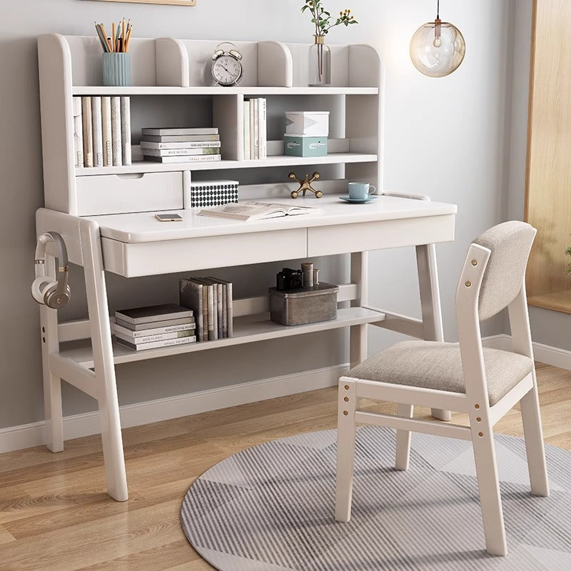 White Solid Wood Writing Desk with Bookcase and Drawers