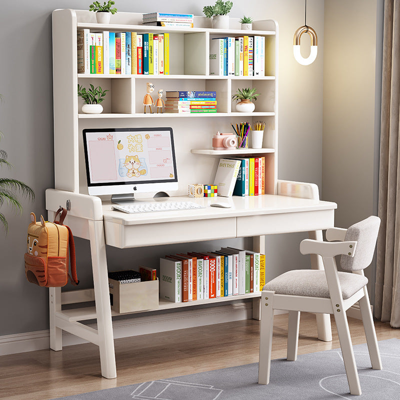 White Solid Wood Writing Desk with Shelf and Drawers - Rubberwood Home Office Desk